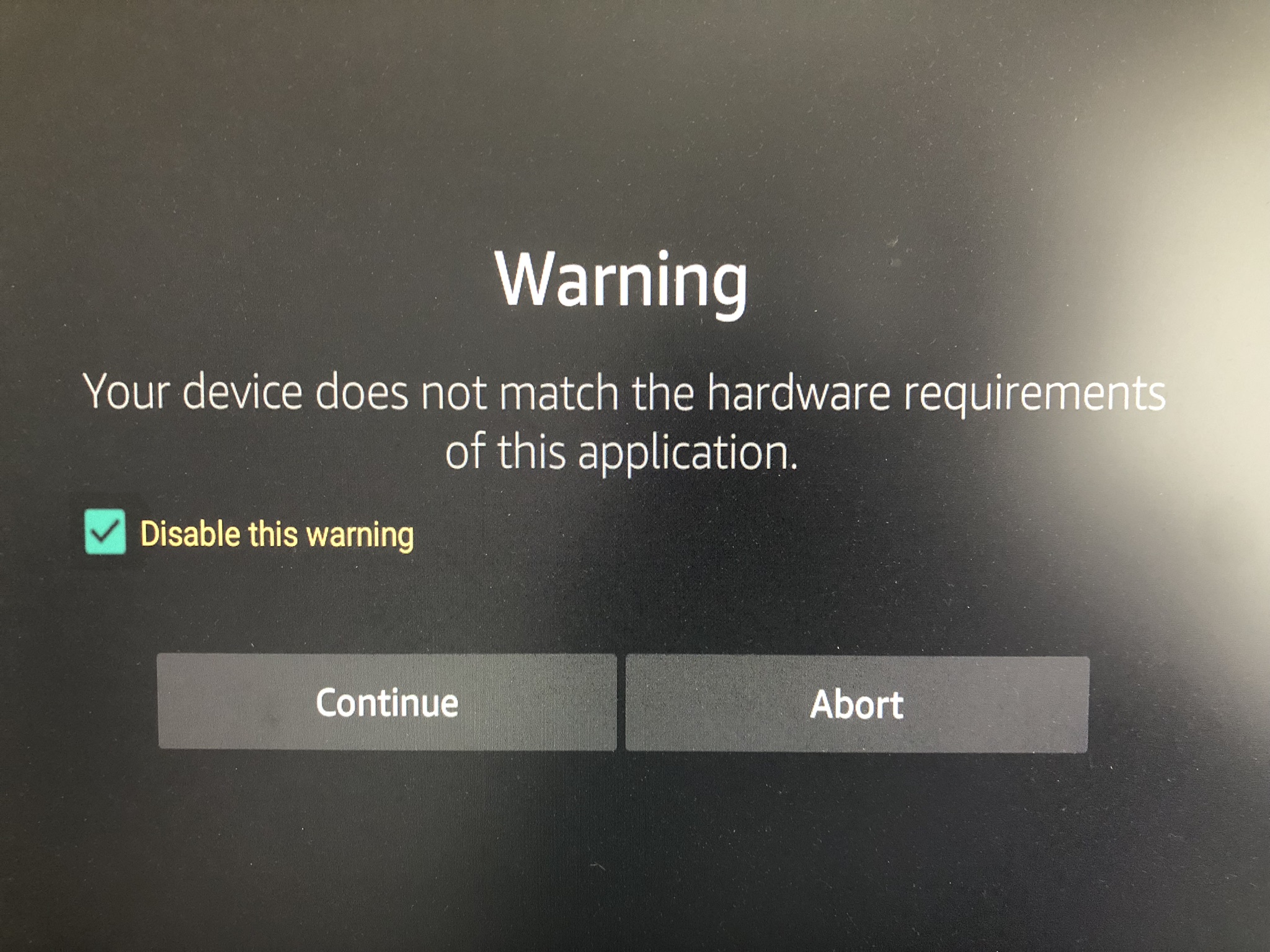 Fire TV Unity Warning Dialog - Your device does not match the hardware requirements of this application